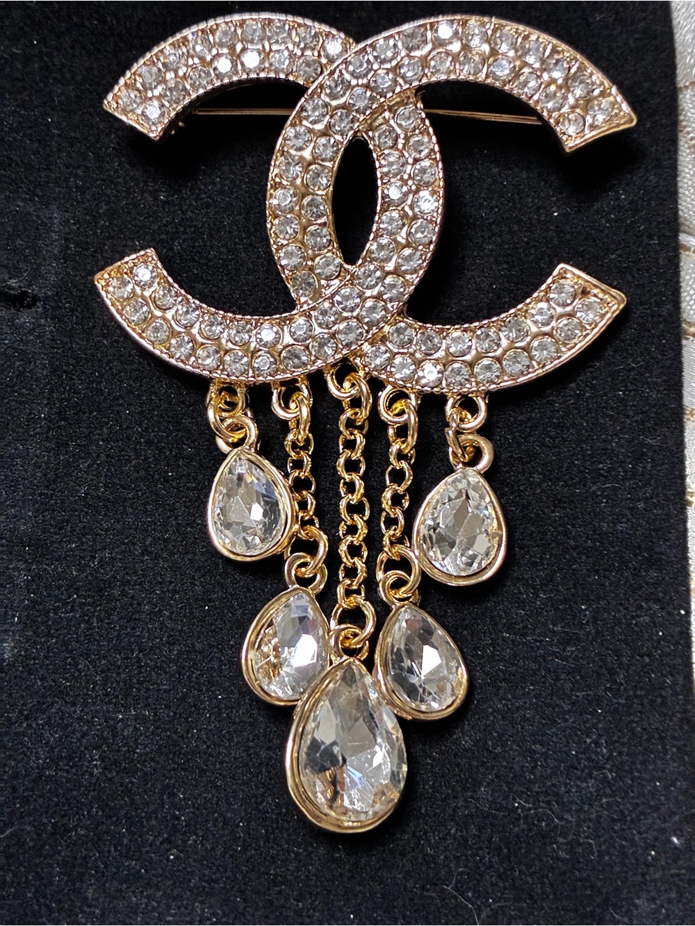 Gold-Tone Logo Drop Rhinestone Brooch NWOT